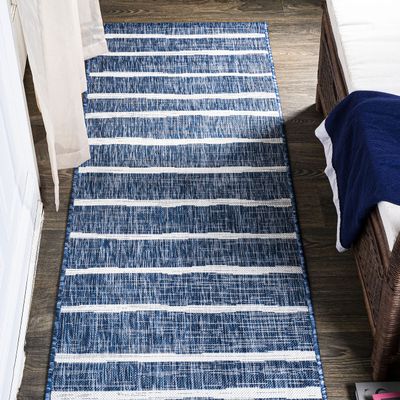 Eyely BMS125C-28 Santa Monica Colonia Berber Stripe Indoor/Outdoor Runner Rug Modern;Bohemian;Transitional, Bedroom, Kitchen, Backyard, Patio, Easy-Cleaning, Non-Shedding, 2 X 8, Blue/Ivory