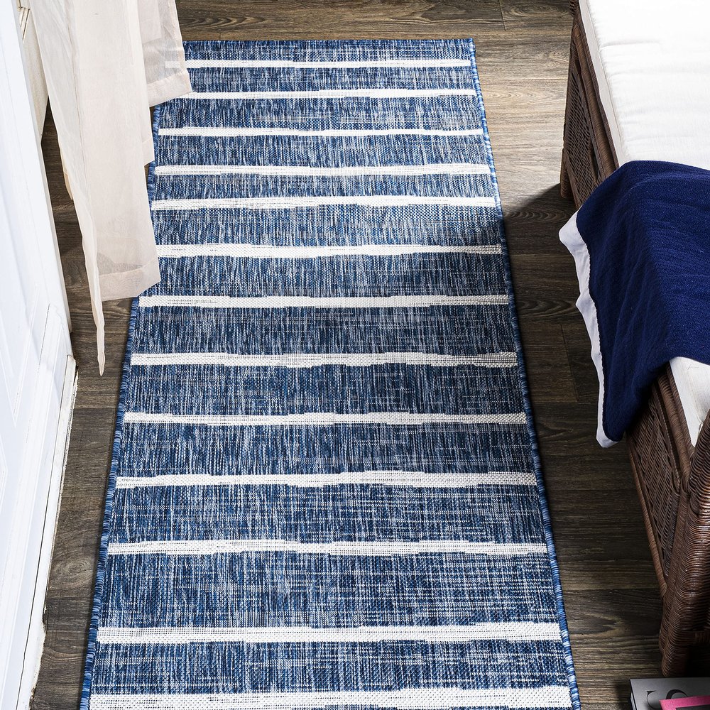 Eyely BMS125C-28 Santa Monica Colonia Berber Stripe Indoor/Outdoor Runner Rug Modern;Bohemian;Transitional, Bedroom, Kitchen, Backyard, Patio, Easy-Cleaning, Non-Shedding, 2 X 8, Blue/Ivory