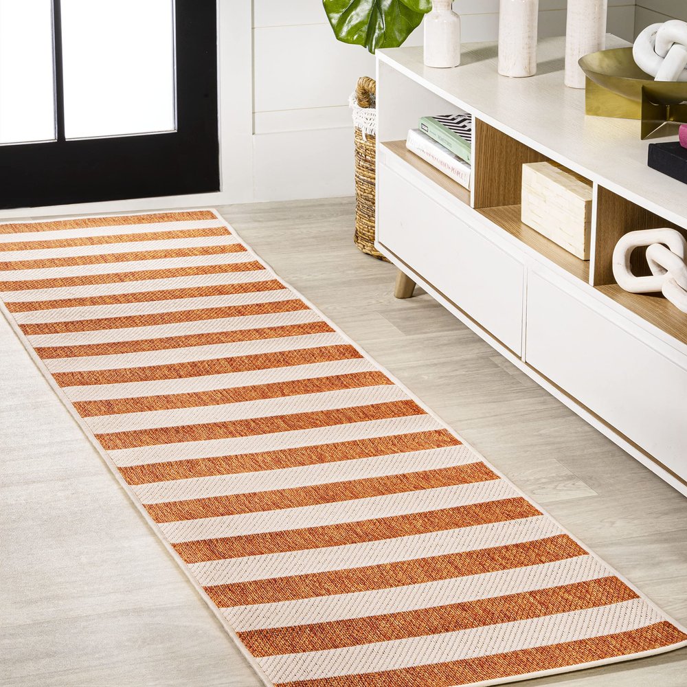 Eyely BMS203A-28 Santa Monica Negril Two-Tone Wide Stripe Indoor/Outdoor Runner Rug Modern;Coastal;Rustic, Bedroom, Kitchen, Backyard, Patio, Easy-Cleaning, Non-Shedding, 2 X 8, Orange/Beige