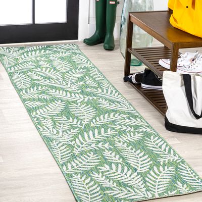 Eyely BMS119G-28 Santa Monica Nevis Palm Frond Indoor/Outdoor Runner Rug Coastal;Casual;Country;Floral, Bedroom, Kitchen, Backyard, Patio, Easy-Cleaning, Non-Shedding, 2 X 8, Cream/Green