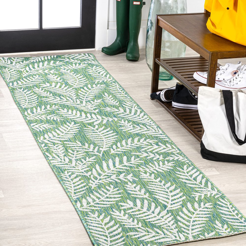 Eyely BMS119G-28 Santa Monica Nevis Palm Frond Indoor/Outdoor Runner Rug Coastal;Casual;Country;Floral, Bedroom, Kitchen, Backyard, Patio, Easy-Cleaning, Non-Shedding, 2 X 8, Cream/Green
