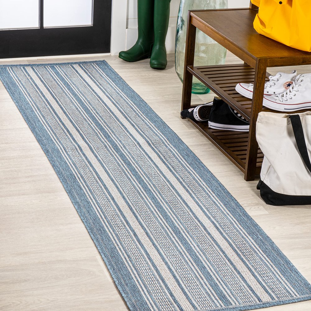 Eyely BMS202E-28 Santa Monica Haynes Modern Double Stripe Indoor/Outdoor Runner Rug Rustic;Transitional, Bedroom, Kitchen, Backyard, Patio, Easy-Cleaning, Non-Shedding, 2 X 8, Blue/Light Gray