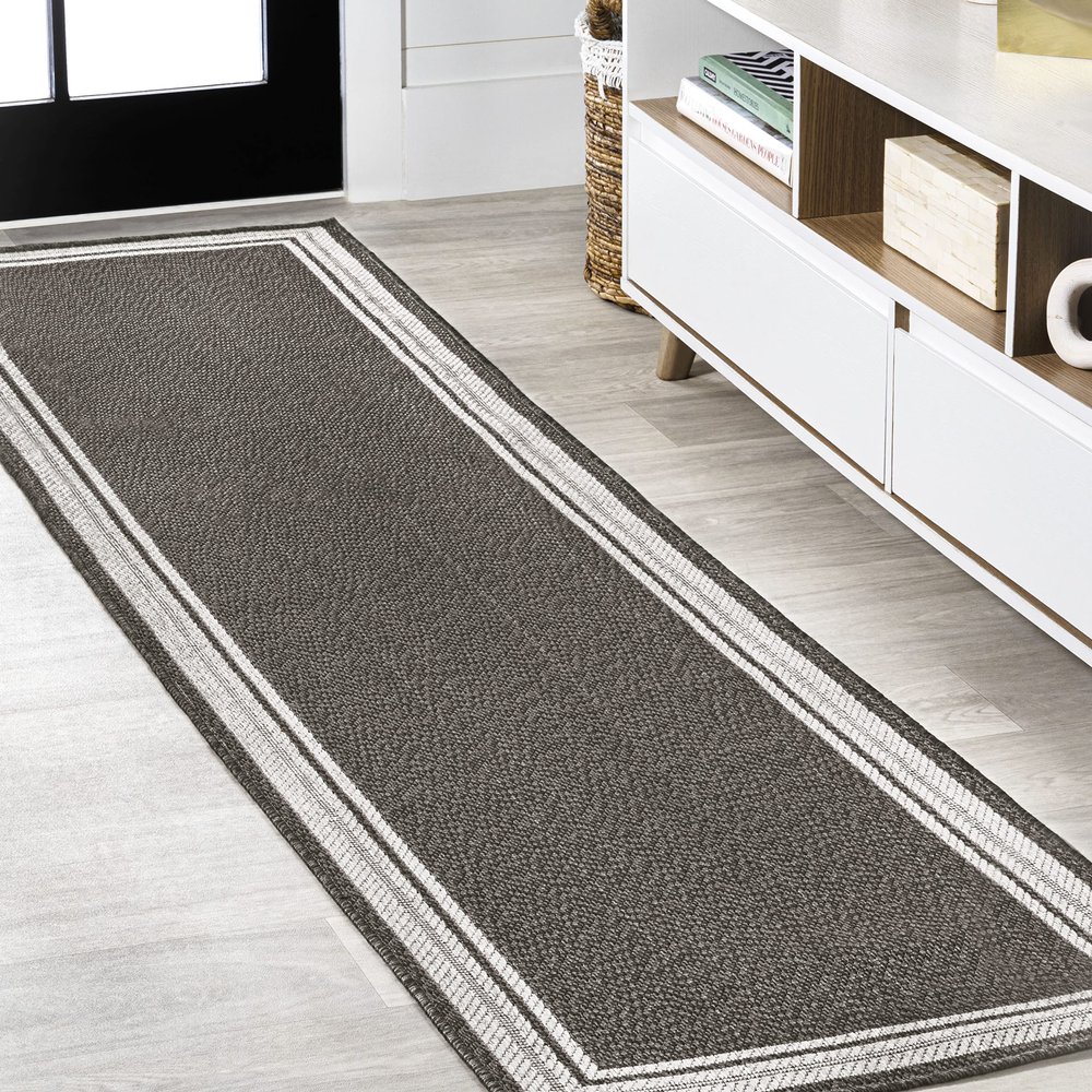 Eyely BMS201C-28 Santa Monica James Modern Border Stripe Indoor/Outdoor Runner Rug Traditional;Coastal, Bedroom, Kitchen, Backyard, Patio, Easy-Cleaning, Non-Shedding, 2 X 8, Black/Cream