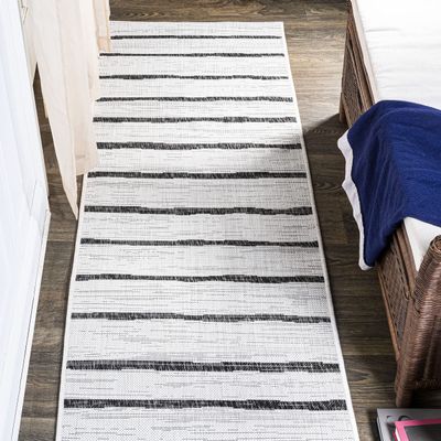 Eyely BMS125D-28 Santa Monica Colonia Berber Stripe Indoor/Outdoor Runner Rug Modern;Bohemian;Transitional, Bedroom, Kitchen, Backyard, Patio, Easy-Cleaning, Non-Shedding, 2 X 8, Ivory/Black