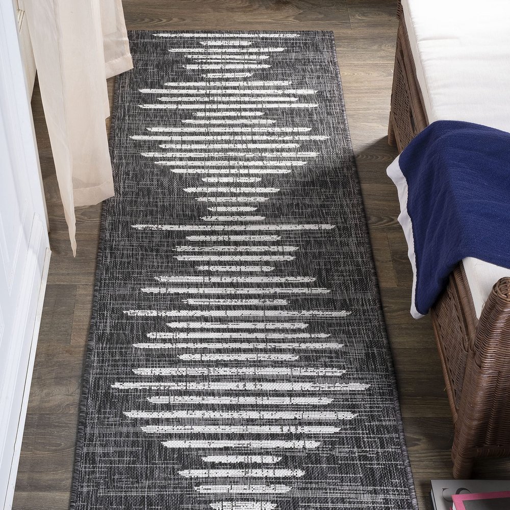 Eyely BMS124E-28 Santa Monica Zolak Berber Stripe Geometric Indoor/Outdoor Runner Rug Modern;Bohemian;Rustic, Bedroom, Kitchen, Backyard, Patio, Easy-Cleaning, Non-Shedding, 2 X 8, Black/Ivory