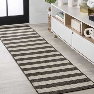 Eyely BMS203B-28 Santa Monica Negril Two-Tone Wide Stripe Indoor/Outdoor Runner Rug Modern;Coastal;Rustic, Bedroom, Kitchen, Backyard, Patio, Easy-Cleaning, Non-Shedding, 2 X 8, Black/Beige