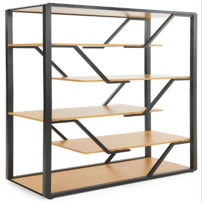 Displays2go Offset Geometric Shelving Unit with Steel Frame, 6 Tiers, Open Back - Natural (SMGEOSHNT)