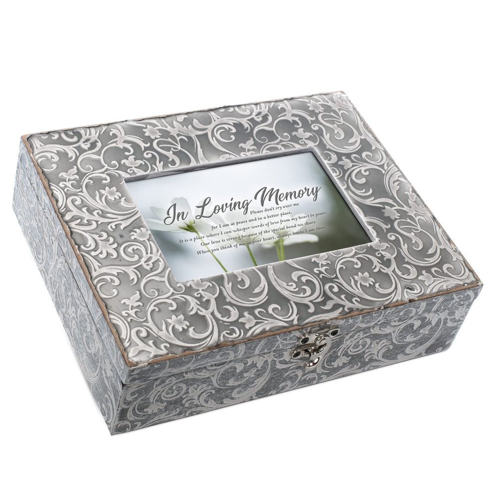 Cottage Garden Loving Memory Please Don't Cry Weathered Grey Filigree Music Box Plays Tune Amazing Grace