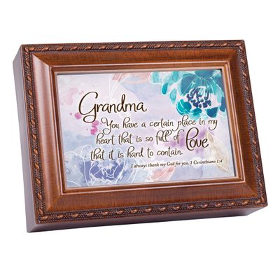 Cottage Garden Grandma, Place in My Heart Rope Trim Woodgrain Music Box Plays Tune Amazing Grace