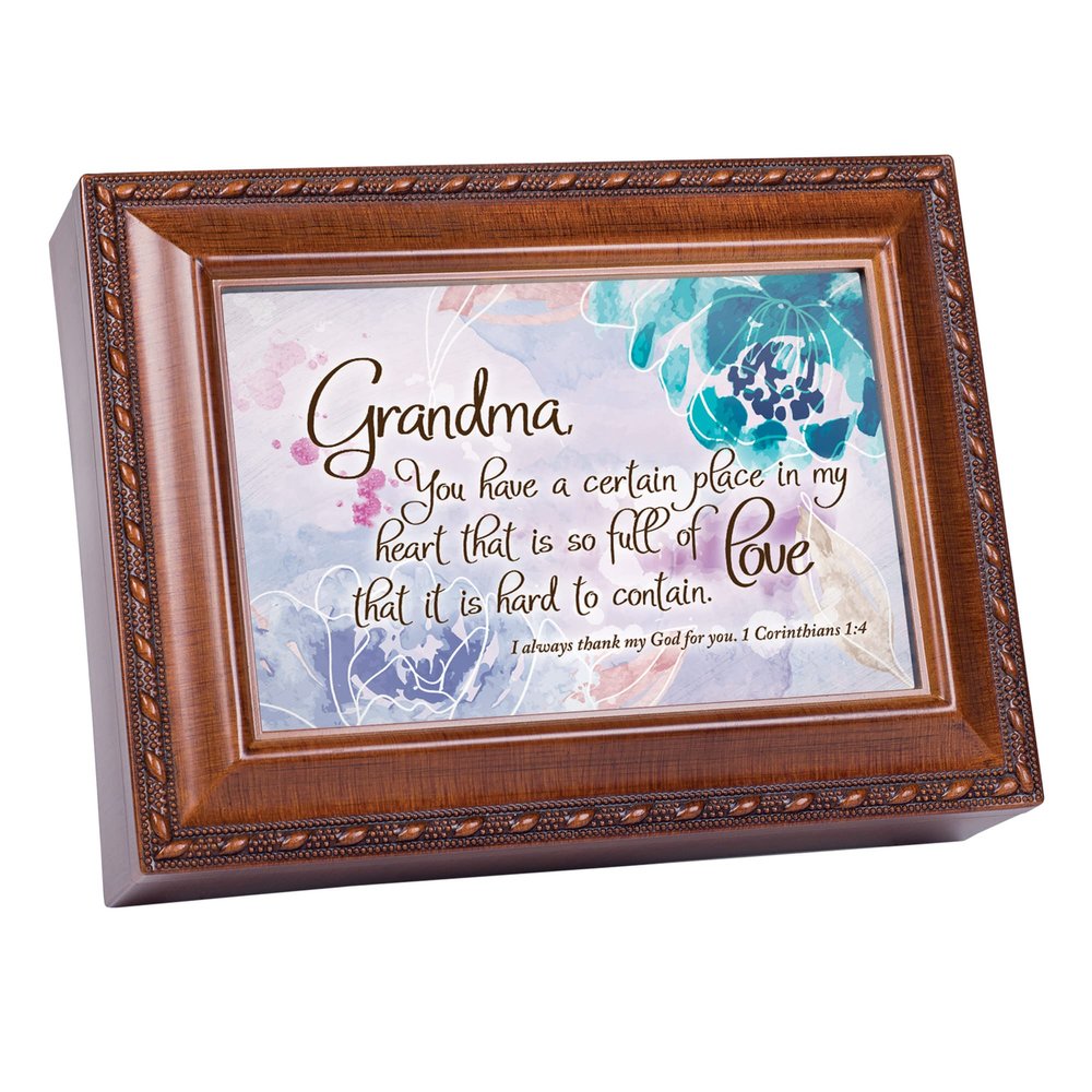 Cottage Garden Grandma, Place in My Heart Rope Trim Woodgrain Music Box Plays Tune Amazing Grace
