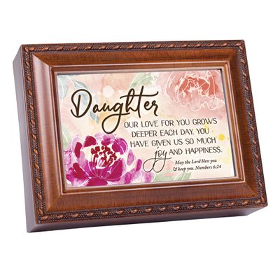 Cottage Garden Daughter, Our Love for You Rope Trim Woodgrain Music Box Plays Tune Ave Maria