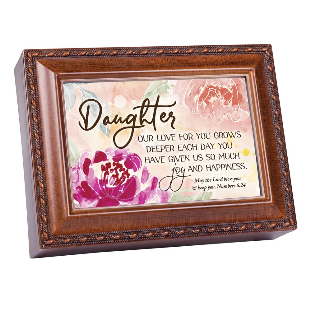 Cottage Garden Daughter, Our Love for You Rope Trim Woodgrain Music Box Plays Tune Ave Maria