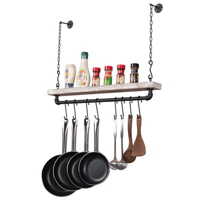 MyGift 30 Inch Ceiling or Wall Mounted Pot Rack with Shabby White Washed Solid Wood Shelf and Industrial Matte Black Metal Pipe, Hanging Cookware Utensils Organizer with 8 S-Hooks