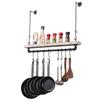 MyGift 30 Inch Ceiling or Wall Mounted Pot Rack with Shabby White Washed Solid Wood Shelf and Industrial Matte Black Metal Pipe, Hanging Cookware Utensils Organizer with 8 S-Hooks view 1