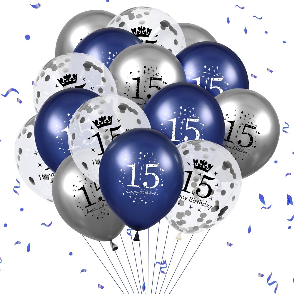 15th Blue Birthday Balloons - 15PCS Navy Blue & Silver Happy Birthday Balloons for Boy or Girl - Latex, Inflatable, Clear Confetti - Indoor/Outdoor Supplies
