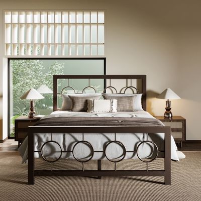 Allewie Full Size Metal Platform Bed Frame with Modern and Vintage Style Headboard,No Box Spring Need,Easy Assembly,Noise-Free in Brown