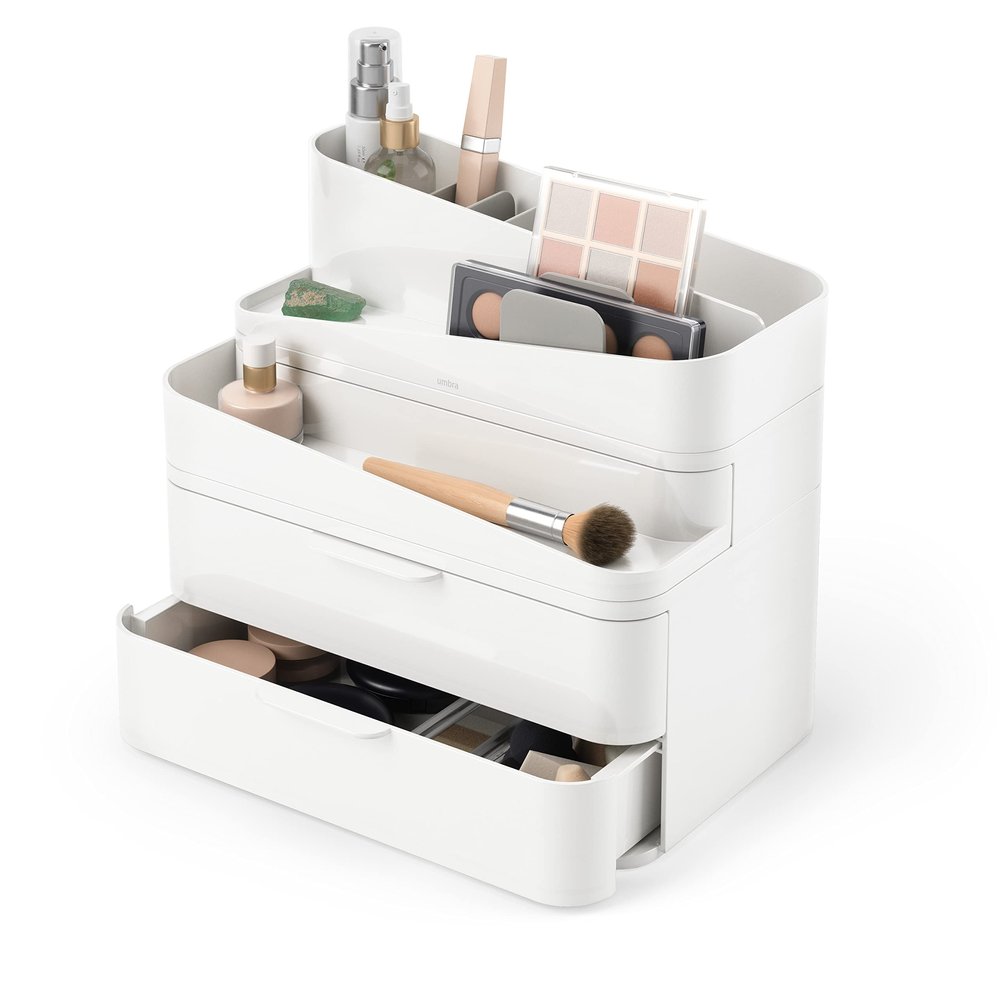 Umbra Glam Cosmetic Organizer, Versatile Storage Container With Removable Insert for Bathroom, Office and More, Large, White