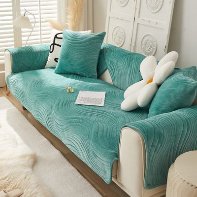 XSlive Super Soft Velvet Sofa Cover Geometric Embroidery Thick Warm Sectional Couch Covers Comfy Plush Anti-Slip Sofa Slipcover Furniture Protector for Living Room (Green B,43"x82")