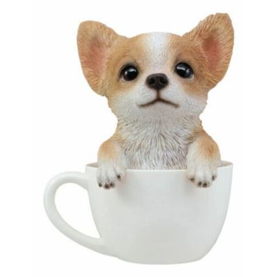 1 Pcs Of Realistic Tan Dog In Teacup Statue 5.75" H
