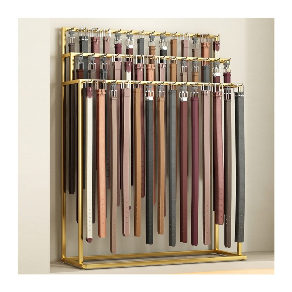 LXBAMKEA Men's Belt Display Stand, Tie Racks, Hanging Hook Commercial Shelves, Clothing Store Boutiques Retail Storage Holder, Multifunctional Handbag Scarf Umbrella Organizer (Color : Gold, Size :