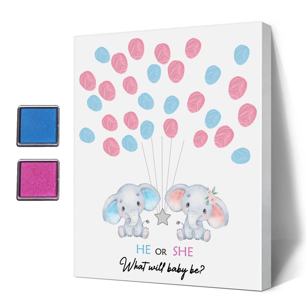 UBLURO Elephant Theme Fingerprint Guestbook, Baby Shower Guest Book Fingerprint Tree Canvas- Boy or Girl Gender Reveal Supplies, Decorations,Personalized Alternative Guest Book