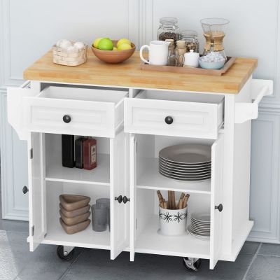 Kitchen Island Cart with Two Storage Cabinets, Rolling Kitchen Island with Drawers Wood Kitchen Serving Cart with Adjustable Shelf, Towel Rack and Spice Rack for Kitchen, Dining Room, White