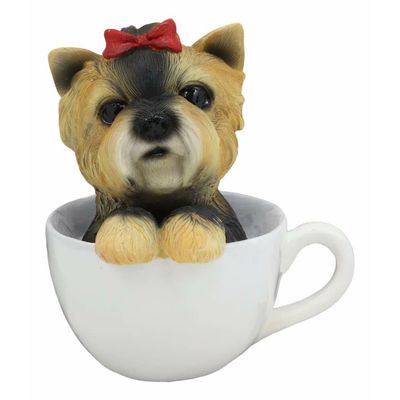 1 Pcs Of Realistic Adorable Dog With Red Ribbon In Teacup Statue 6" H