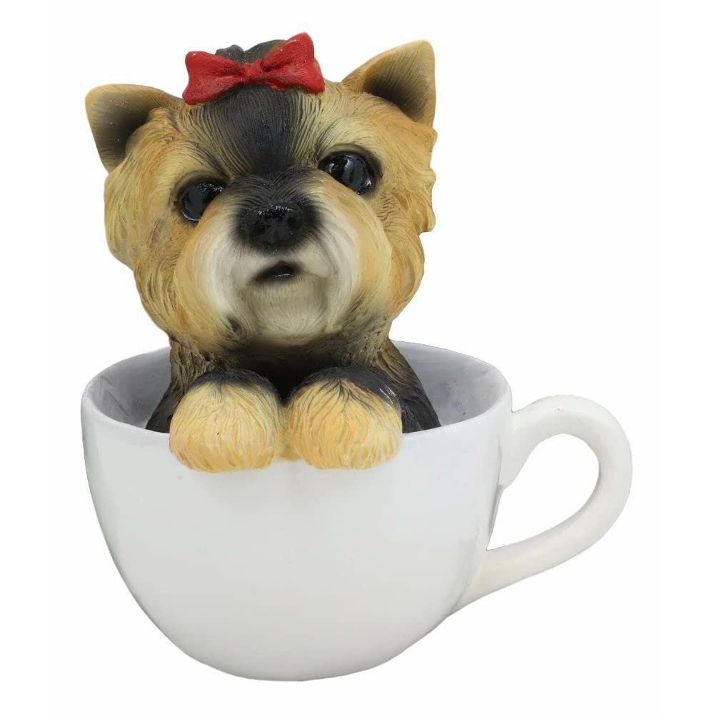1 Pcs Of Realistic Adorable Dog With Red Ribbon In Teacup Statue 6" H