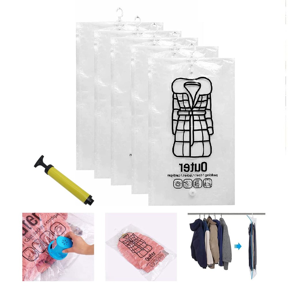 2023 Hanging Compressible Storage Bag -New VersionVacuum Storage Bags w/ Manual Air Seal Tight Pump, Reusable Space Saving Storage Bags for Clothes Vacuum Organizer Home Closet Organization (Large, 5PCS)