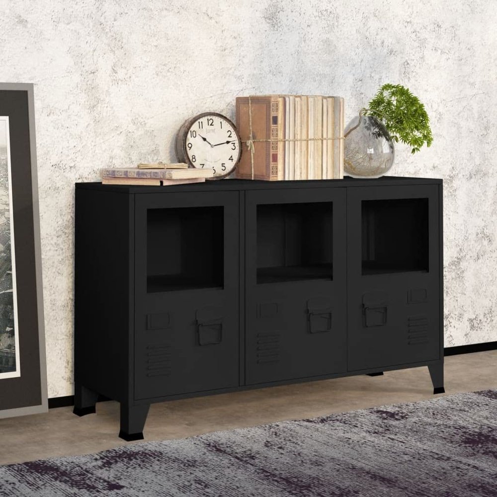 loibinfen Industrial Metal Sideboard Storage Cabinet with 3 Doors, Floor Storage Cupboard, Multipurpose Storage Cabinet with Display Shelves for Living Room 41.3"x13.8"x24.4" Black