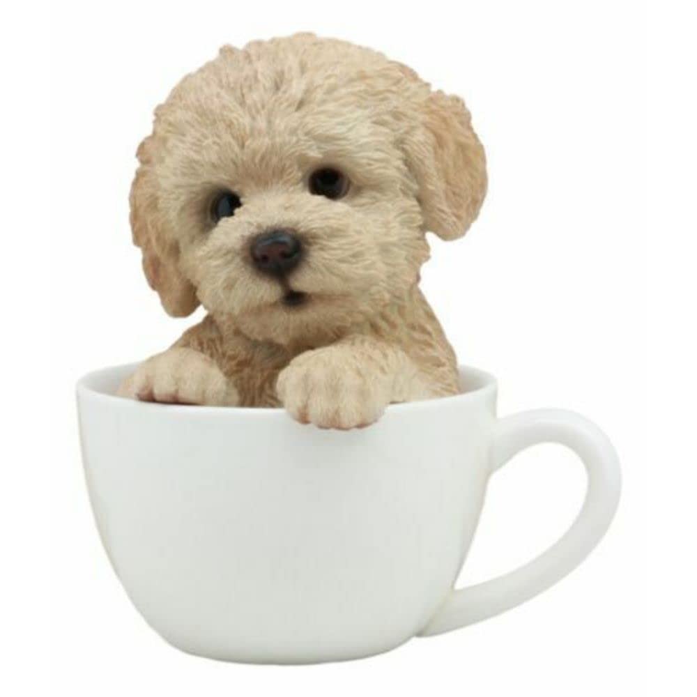 1 Pcs Of Realistic Brown Puppy Teacup Statue Pet Pal Dog Figurine With Glass Eyes
