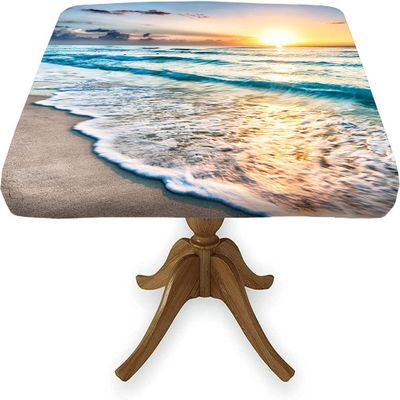 Meetfeb Summer Ocean Wave Square Fitted Tablecloth, Hawaii Seashore Sunrise Sunset Elastic Edge Table Cover, Wrinkle Resistant Decor Cloth, for Holiday Party Banquet Dinner, Fits 36x36 Inch