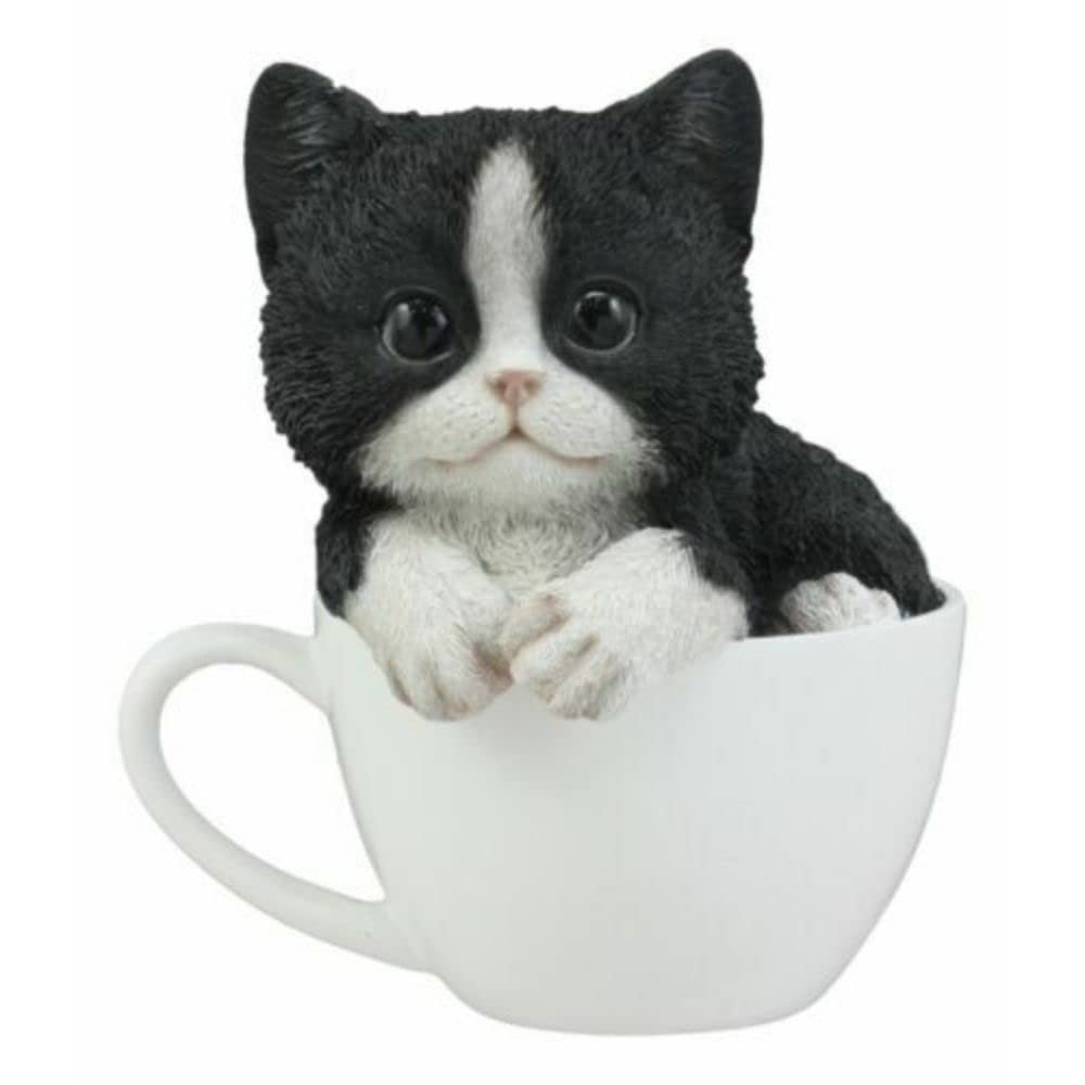 1 Pcs Of Lifelike Black and White Cat In Teacup Pet Pal Statue With Glass Eyes