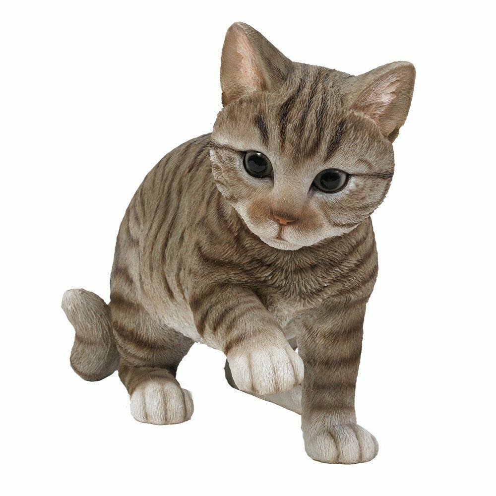 1 Pcs Of Lifelike Pawing Grey Cat Statue 13.75" Long With Glass Eyes