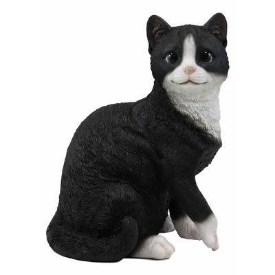 1 Pcs Of Lifelike Sitting Black And White Cat With Paw Up Statue 10.25" Tall