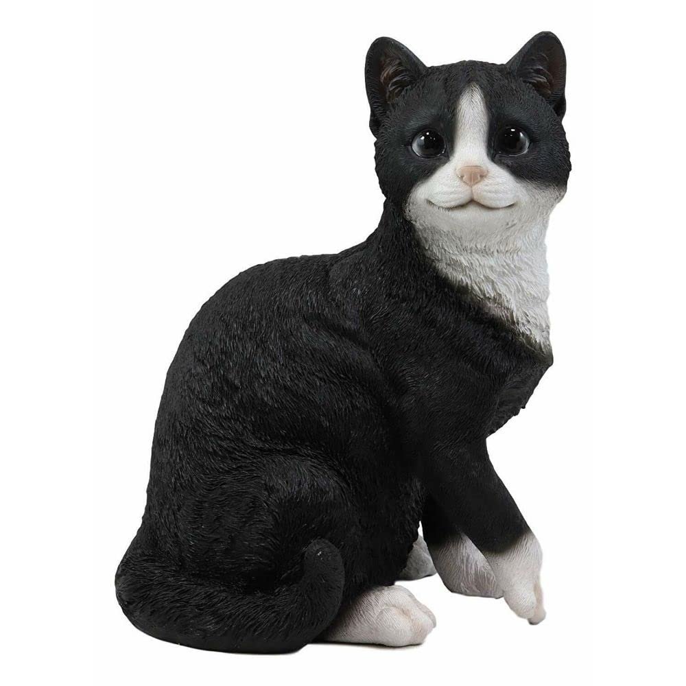 1 Pcs Of Lifelike Sitting Black And White Cat With Paw Up Statue 10.25" Tall
