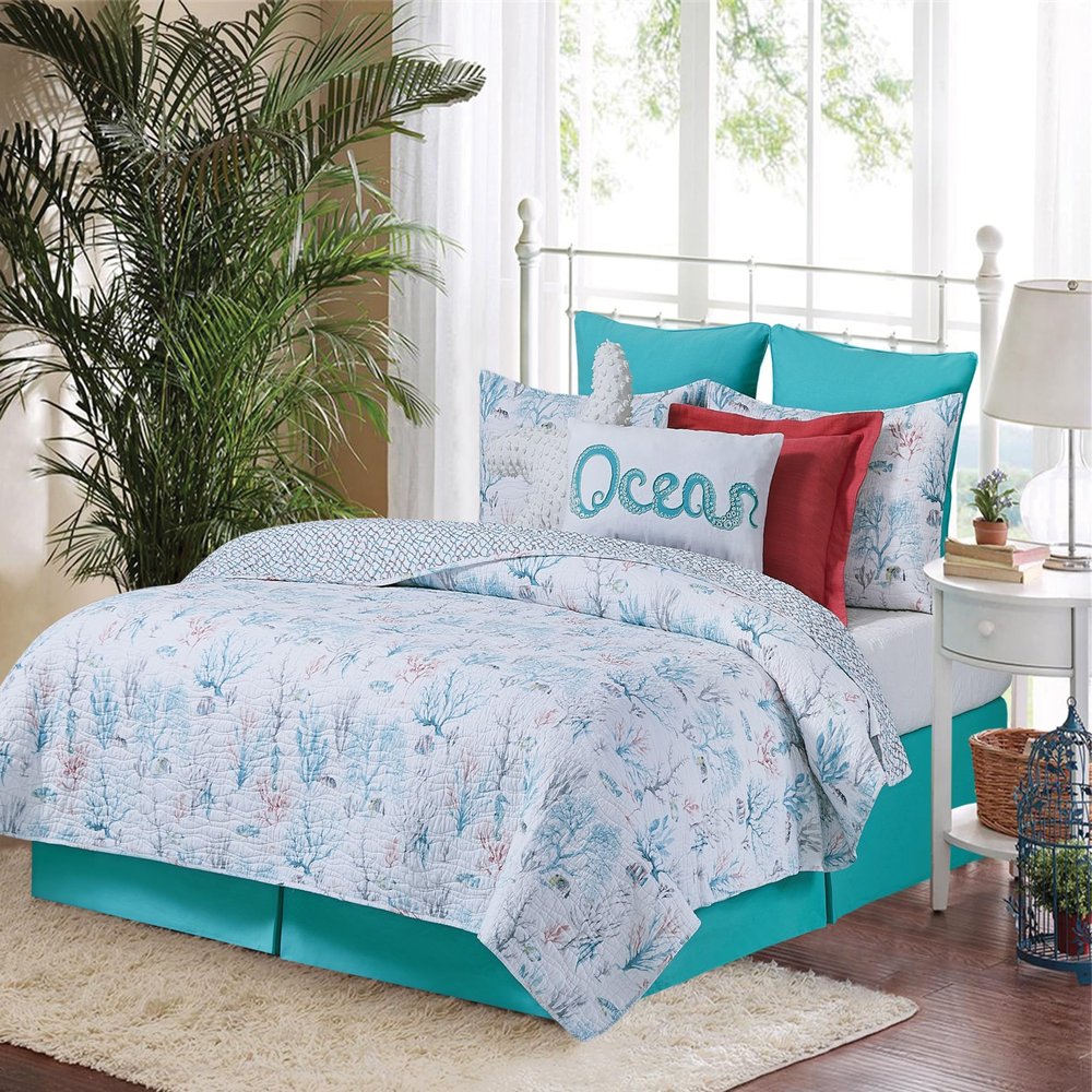 C&F Home St. Vincent Full/Queen Quilt Bed Set Cotton Summer Beach Ocean Coastal Nautical Coral Fish Reversible Machine Washable Lightweight Bedspread Bedding Coverlet Full/Queen 3 Piece Set Blue
