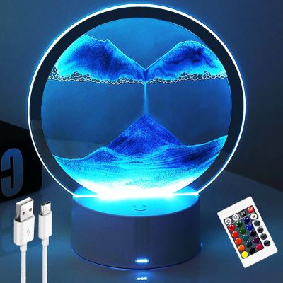Desniltol 3D Moving Sand Art with Remote Control, 360 Rotating Hourglass Lights, RGB Color Changing Table Lamp,Sand Art Liquid Motion Colorful Creative Sea Glass Quicksand Painting Night Light(Blue)