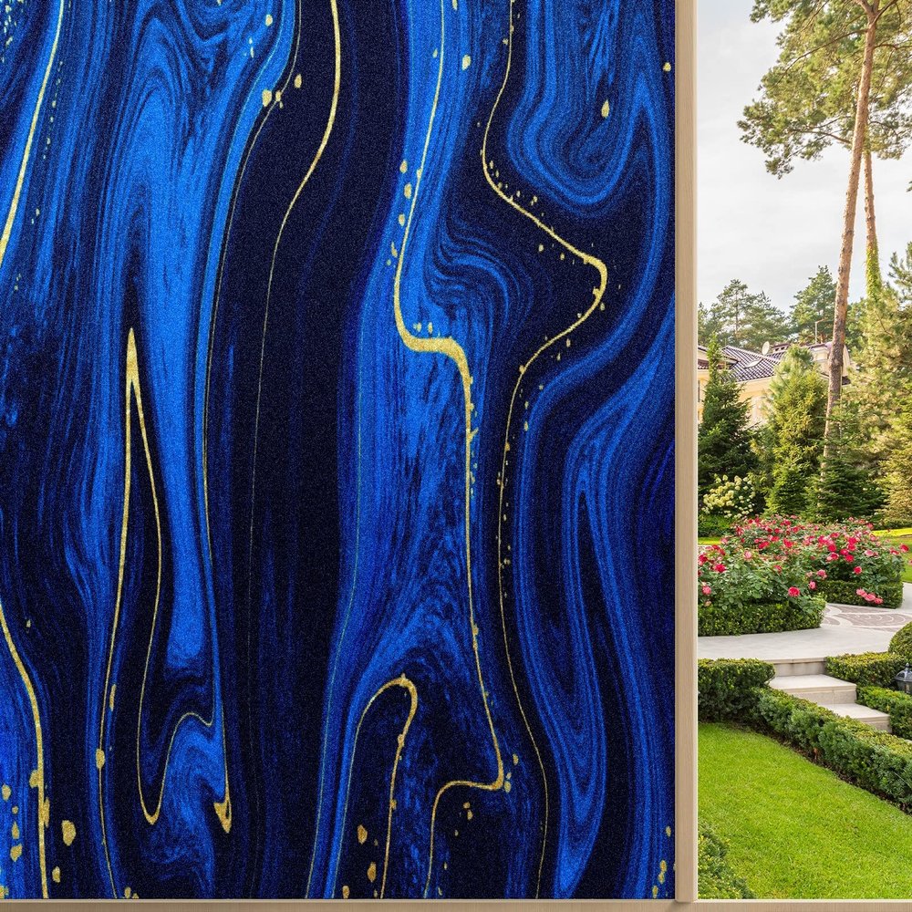 Window Privacy Film Decorative Blue Golden Marble Static Translucent Cling Window Decals Frosted Glass Window Clings Sticker Non-Adhesive Heat Control 35.4'' x 78.7''
