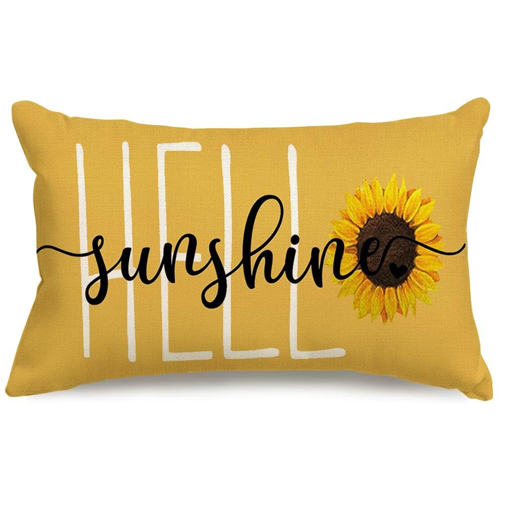 RABUSOFA Hello Sunshine Quote Sunflower Spring Summer Pillow Covers,Seasonal Yellow Outdoor Decorative Cushion Case Summer Decorations for Home Sunflower Decor 12x20 Inch