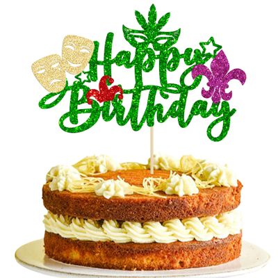 1Pc Mardi Gras Happy Birthday Cake Topper Glitter Masquerade Theme Happy Birthday Cake Decorations Kids Boy Girl Baby Shower Party Supplies Decoration