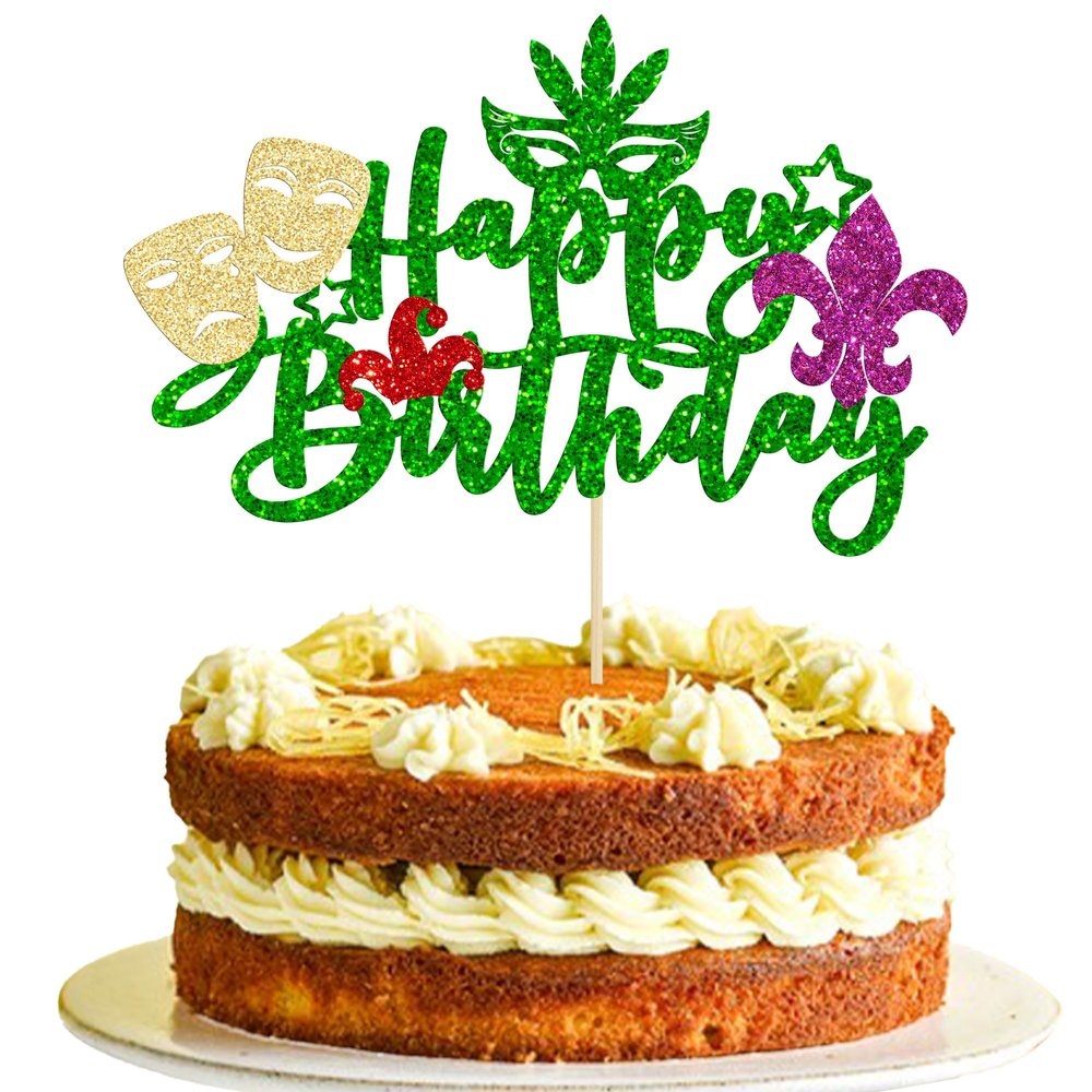 1Pc Mardi Gras Happy Birthday Cake Topper Glitter Masquerade Theme Happy Birthday Cake Decorations Kids Boy Girl Baby Shower Party Supplies Decoration