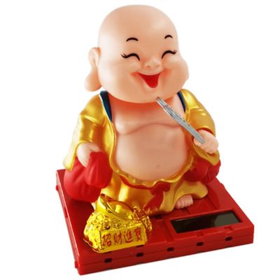 ibasenice Solar Powered Maitreya Buddha Ornament with Nodding Head and Waving Fan 3.93 Inch Solar Fan Figurine for Car Dashboard and Home Desk Decoration