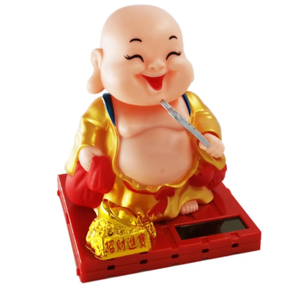 ibasenice Solar Powered Maitreya Buddha Ornament with Nodding Head and Waving Fan 3.93 Inch Solar Fan Figurine for Car Dashboard and Home Desk Decoration