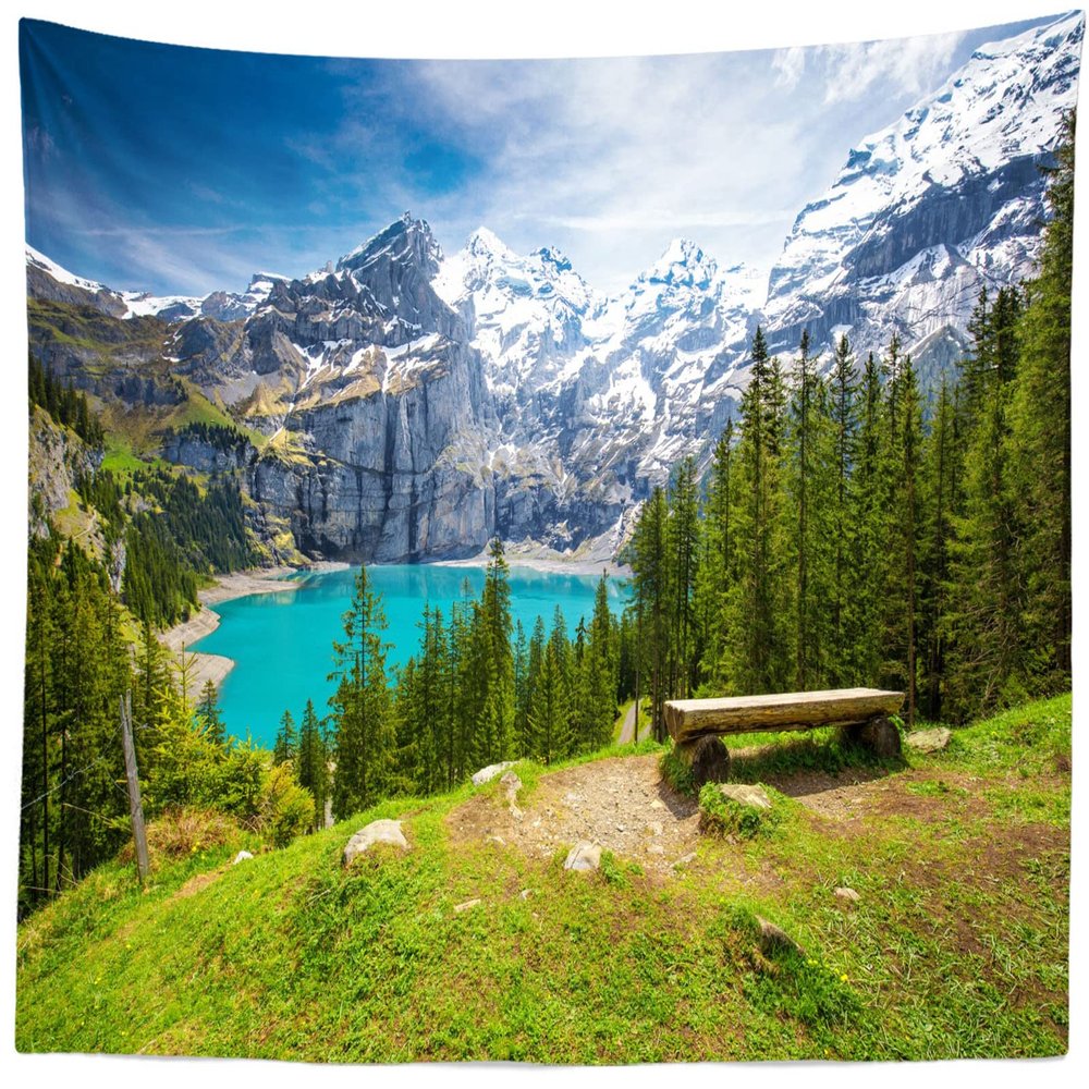 BELECO Mountain Lake Scenery Tapestry 141x118 Alps Mountains Wall Tapestry Blue Lake Green Forest Pine Trees Nature Landscape Tapestry Wall Hanging for Bedroom Living Room Dorm Decor Home Decor