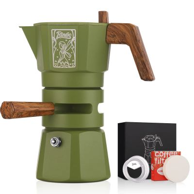 Bincoo 120ML Stovetop Espresso Maker Double Valve Moka Pot with Thermostat Extractor Prevent over-extraction,Italian Espresso Moka Pot with Powder Dispenser and Filter Paper for Home(Green)