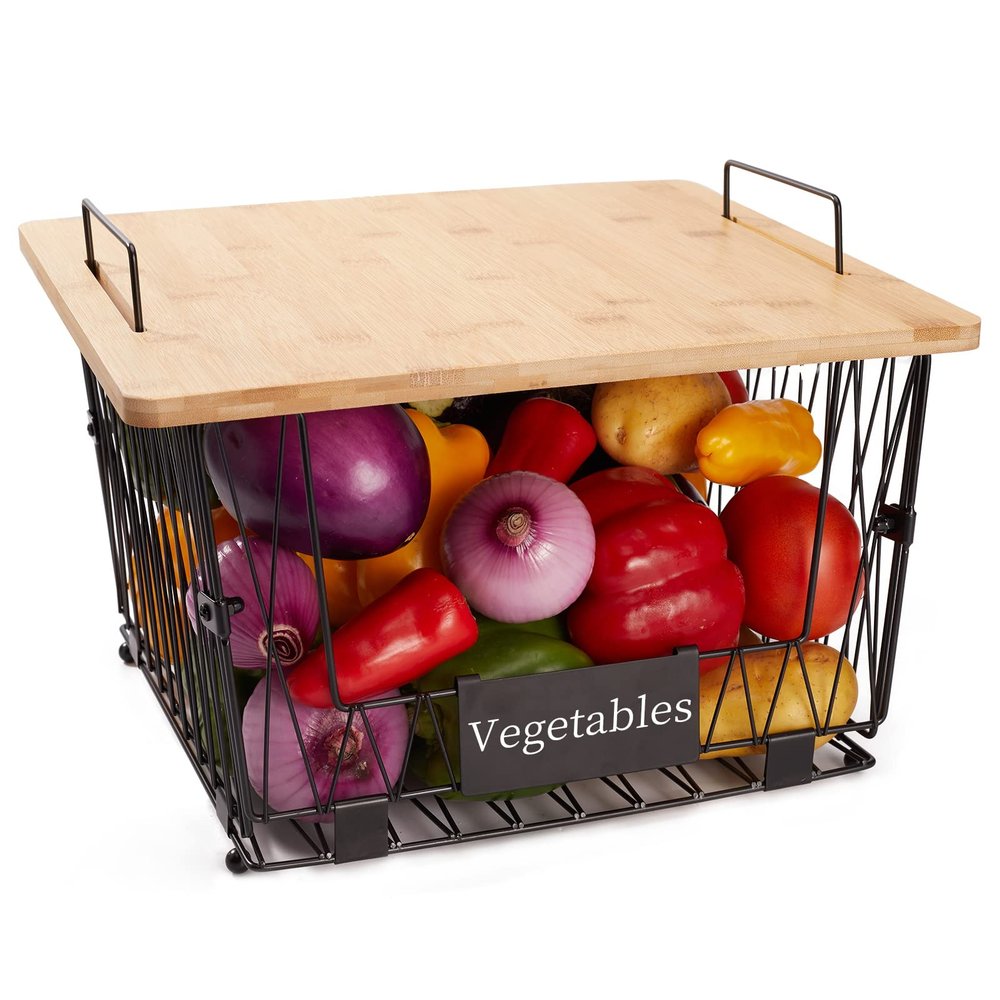 XXL Big Size1 Pack Stackable Wire Storage Baskets with Wood Lid- Pantry Cabinet Organization, Kitchen Counter Basket for Fruit Vegetable -Large Metal Bin for Pantry Organization and Storage, Black