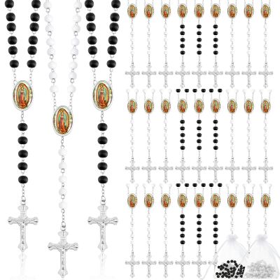 Taiyin 36 Pcs Wooden Bead Rosary Necklace with Crucifix and Our Lady of Guadalupe Scented First Communion Rosary with 36 Organza Bags Baptism Favors Catholic Gift for Men Women (White and Black)