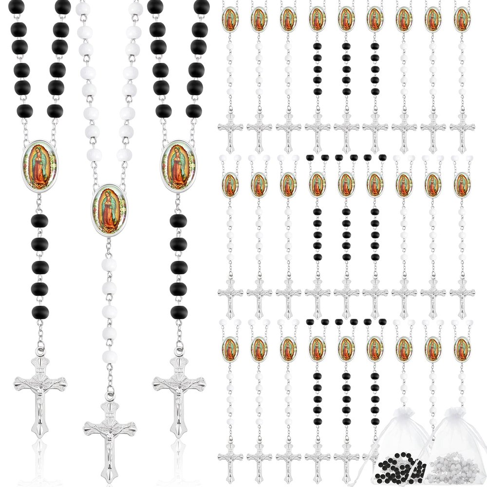 Taiyin 36 Pcs Wooden Bead Rosary Necklace with Crucifix and Our Lady of Guadalupe Scented First Communion Rosary with 36 Organza Bags Baptism Favors Catholic Gift for Men Women (White and Black)