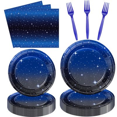 160 Pack Space Galaxy Party Supplies Ramadan Party Decoration Starry Night Tableware Set Outer Space Plate Solar System Planet Napkins Galaxy Planet Theme Birthday Party Decorations Serves 40